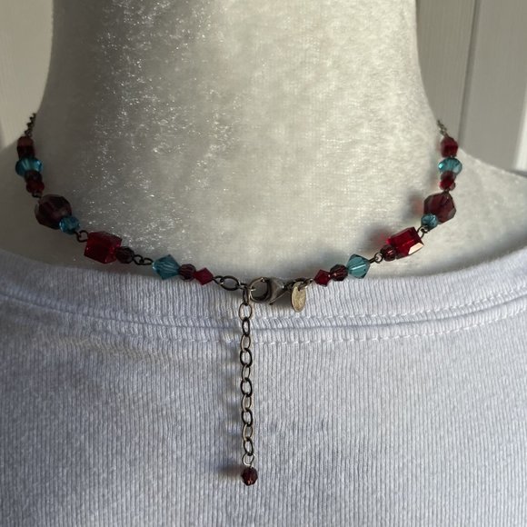 Emily Ray Sterling Silver Red & Blue Crystal Necklace Elegant Classy EUC - Picture 2 of 3